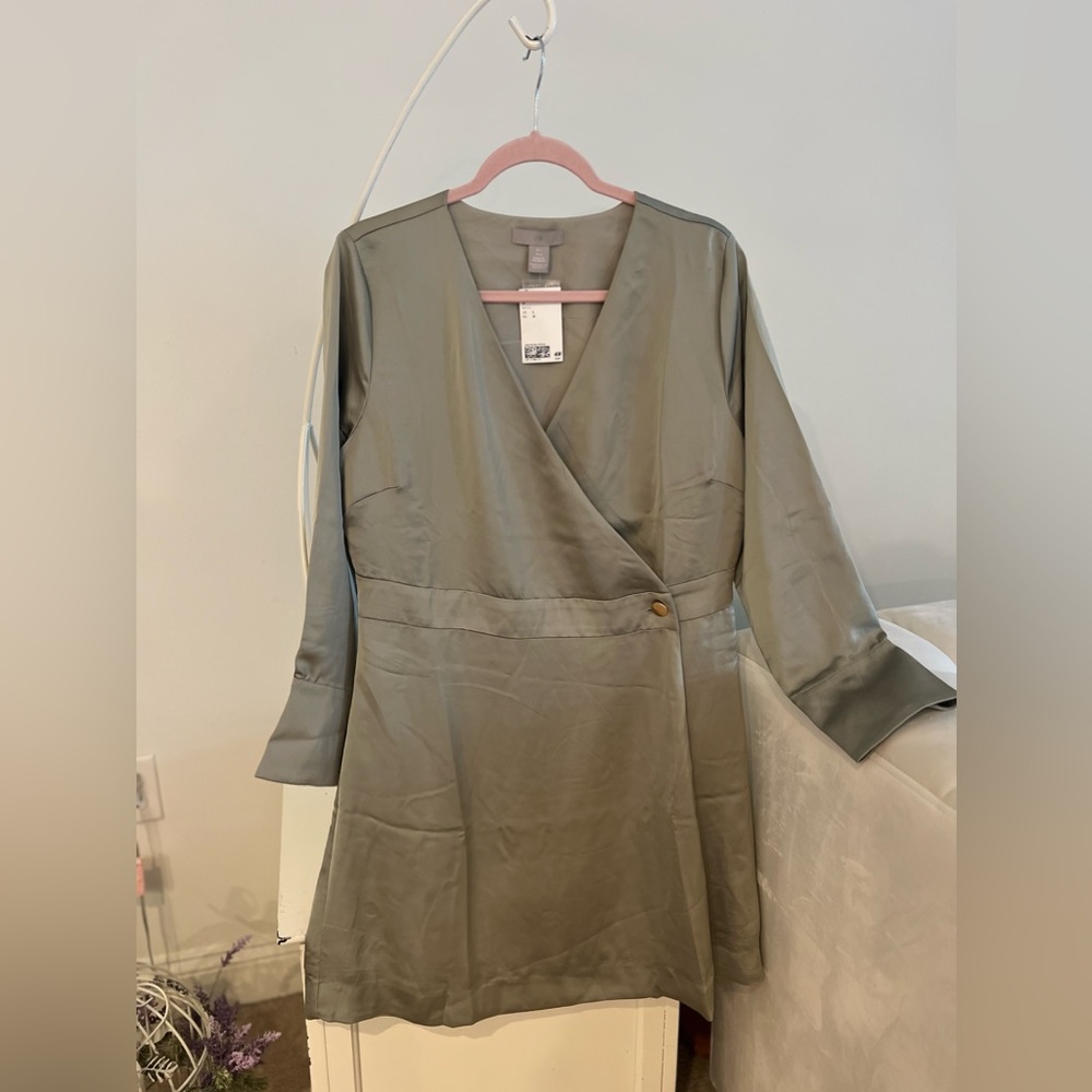 Olive green satin wrap dress H&M , with matte golden buttons Large